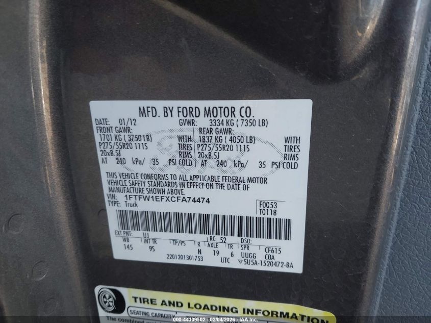 2012 Ford F-150 Platinum VIN: 1FTFW1EFXCFA74474 Lot: 44309502