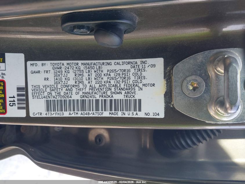 2010 Toyota Tacoma Base V6 VIN: 5TELU4EN7AZ709264 Lot: 44309529