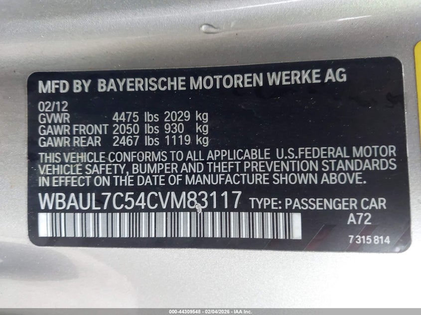2012 BMW 128I VIN: WBAUL7C54CVM83117 Lot: 44309548