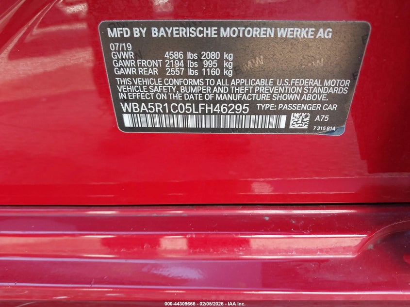2020 BMW 3er 2.0 330I red Lot 111044309666 Vin WBA5R1C05LFH46295
