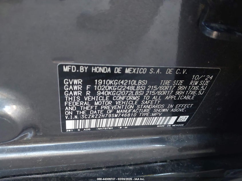2025 Honda Hr-V Awd Ex-L VIN: 3CZRZ2H79SM746810 Lot: 44309737