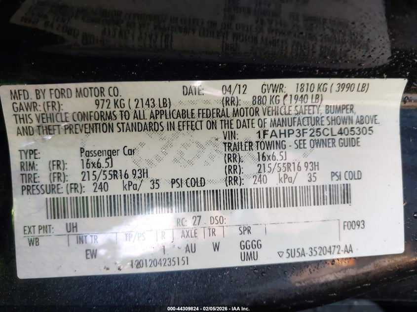 2012 Ford Focus Se VIN: 1FAHP3F25CL405305 Lot: 44309824