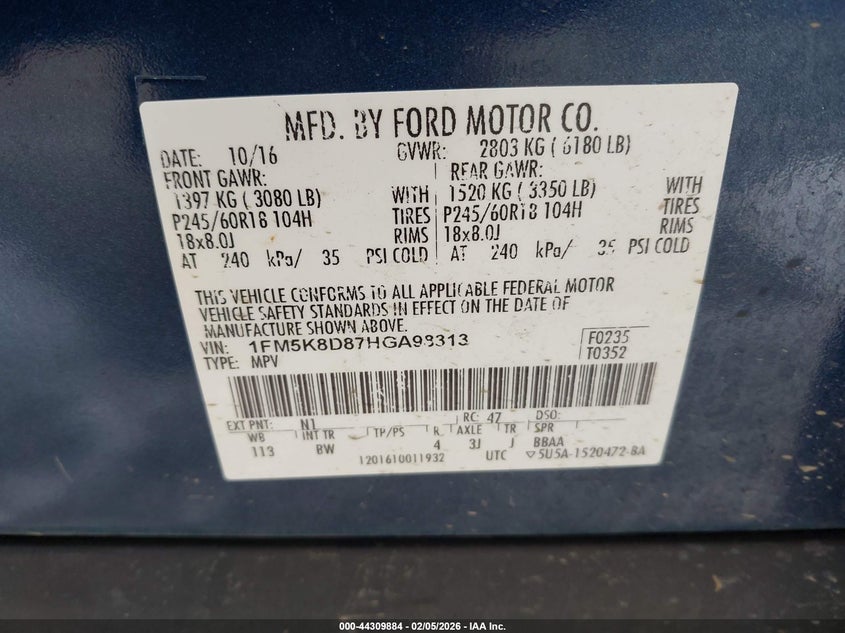 2017 Ford Explorer 3.5 Xlt blue Lot 111044309884 Vin 1FM5K8D87HGA98313