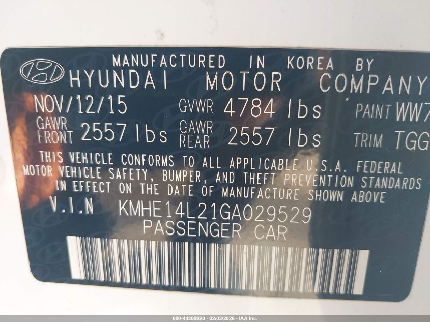 2016 Hyundai Sonata Plug-In Hybrid VIN: KMHE14L21GA029529 Lot: 44309920