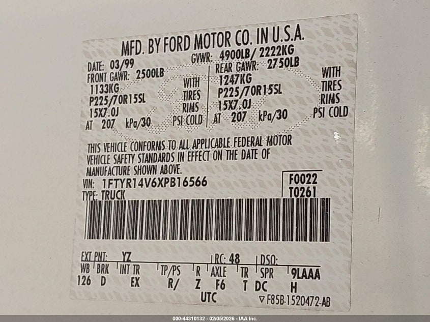 1999 Ford Ranger Xl/Xlt VIN: 1FTYR14V6XPB16566 Lot: 44310132