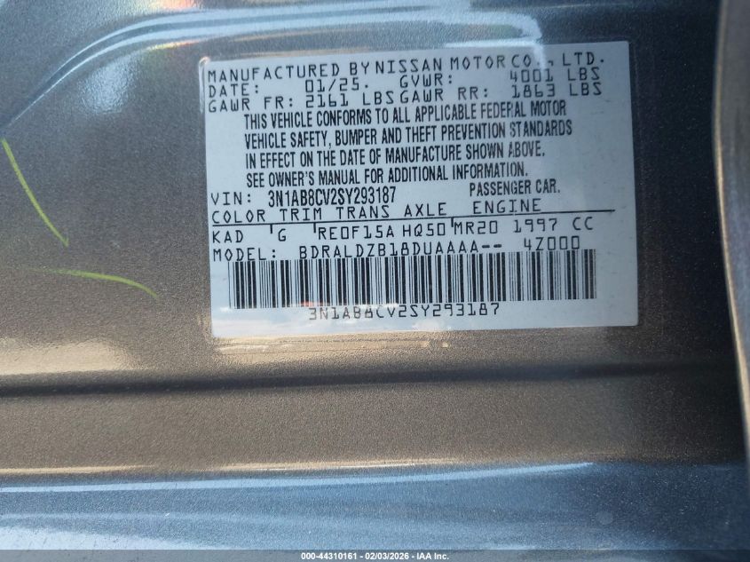 2025 Nissan Sentra Sv VIN: 3N1AB8CV2SY293187 Lot: 44310161