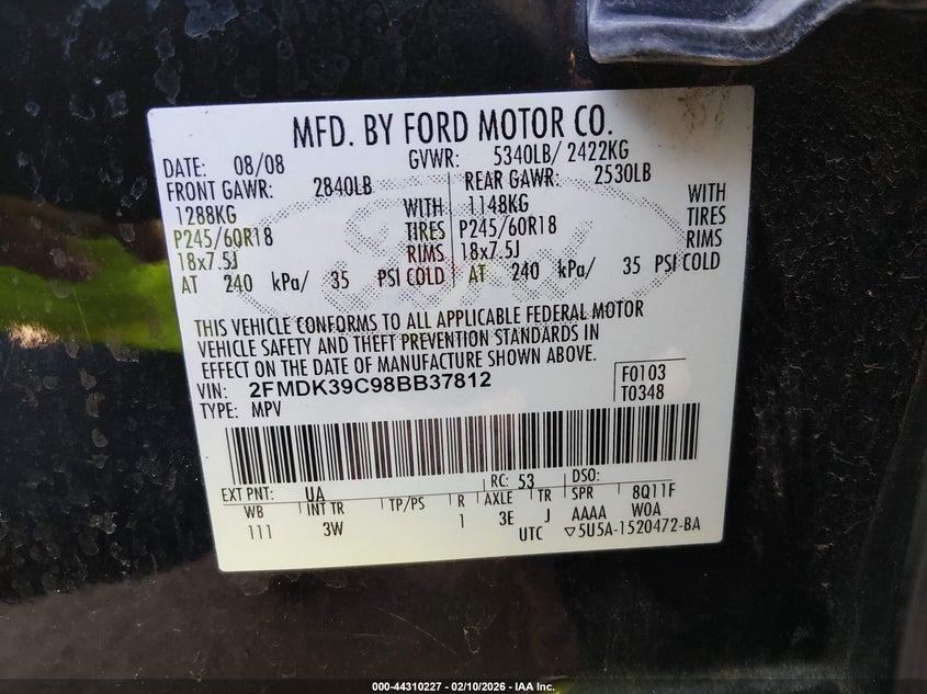 2008 Ford Edge Limited VIN: 2FMDK39C98BB37812 Lot: 44310227