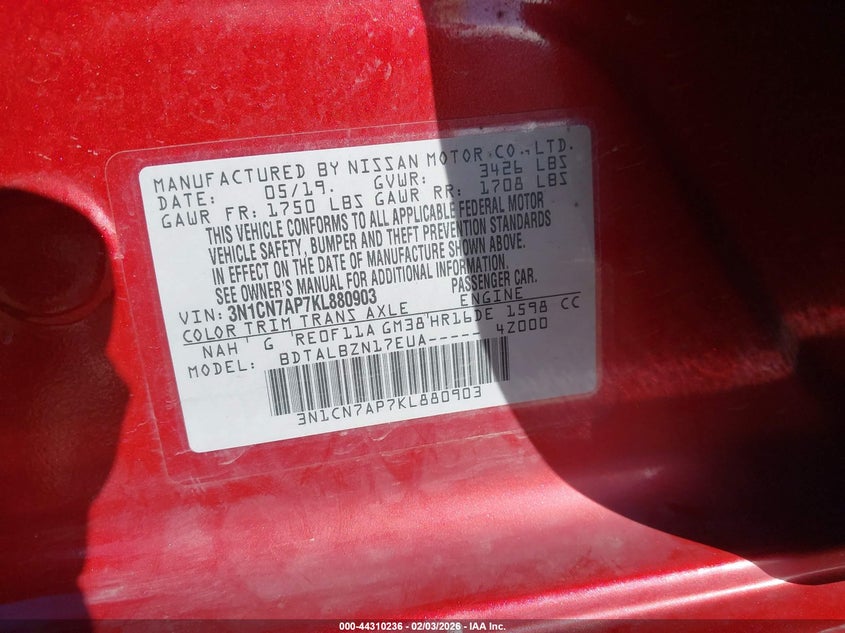 2019 Nissan Versa 1.6 Sv VIN: 3N1CN7AP7KL880903 Lot: 44310236