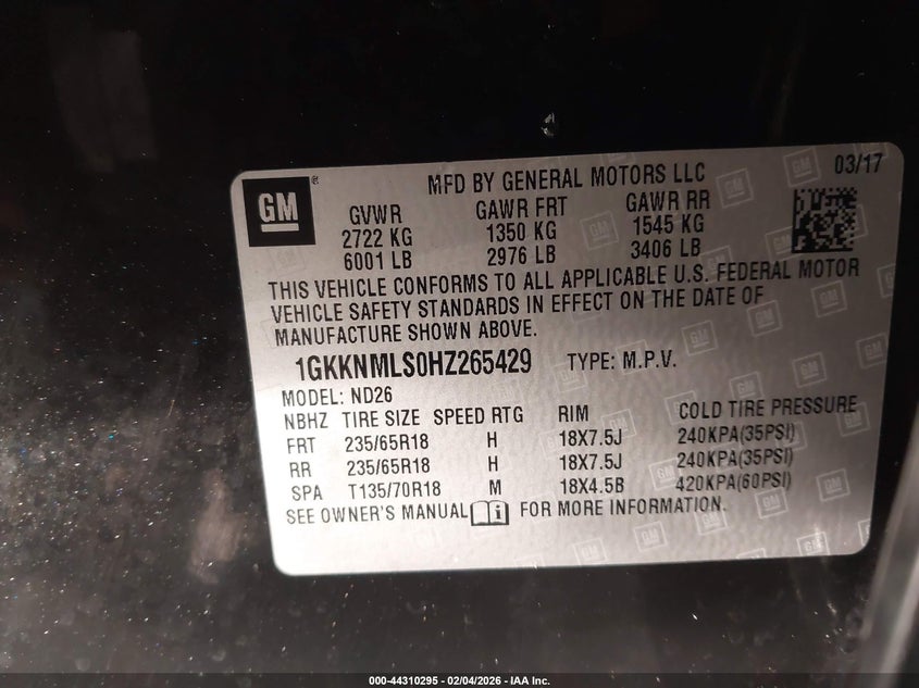 2017 GMC Acadia Slt-1 VIN: 1GKKNMLS0HZ265429 Lot: 44310295