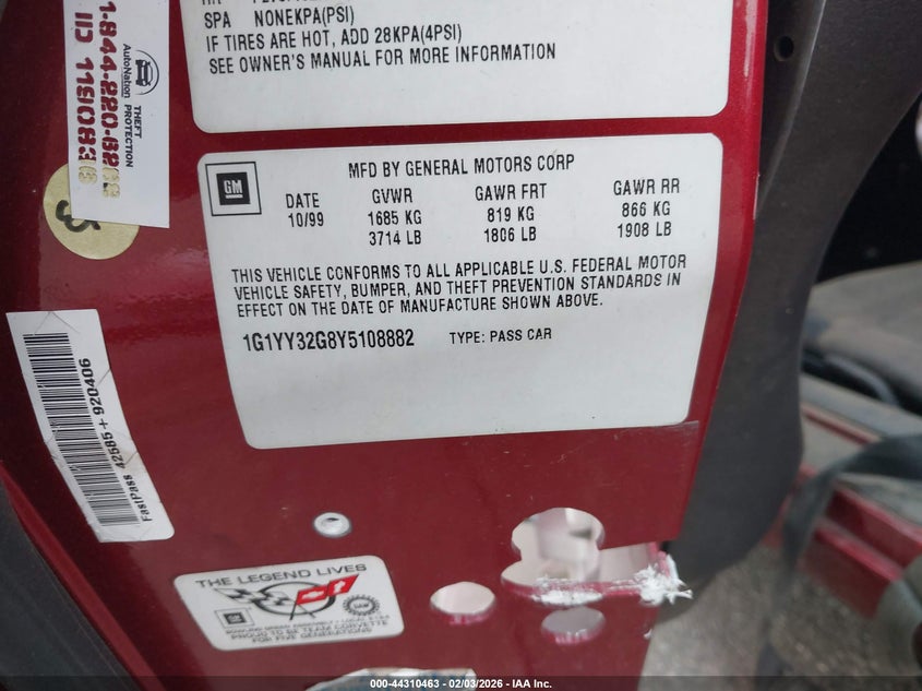 2000 Chevrolet Corvette VIN: 1G1YY32G8Y5108882 Lot: 44310463