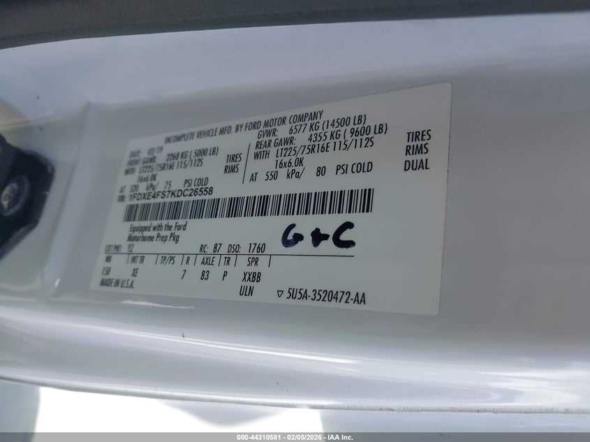 1FDXE4FS7KDC26558 2019 Ford Econoline E-450 Cutaway white
