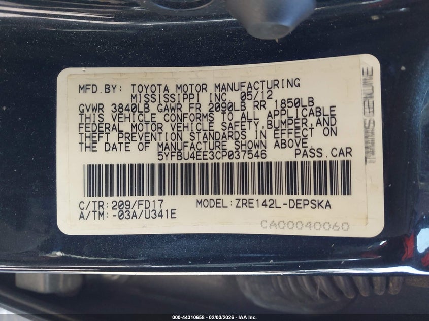 2012 Toyota Corolla 1.8 S black Lot 111044310658 Vin 5YFBU4EE3CP037546