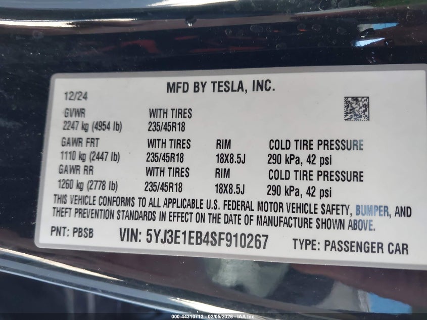 2025 Tesla Model 3 Long Range All-Wheel Drive VIN: 5YJ3E1EB4SF910267 Lot: 44310713