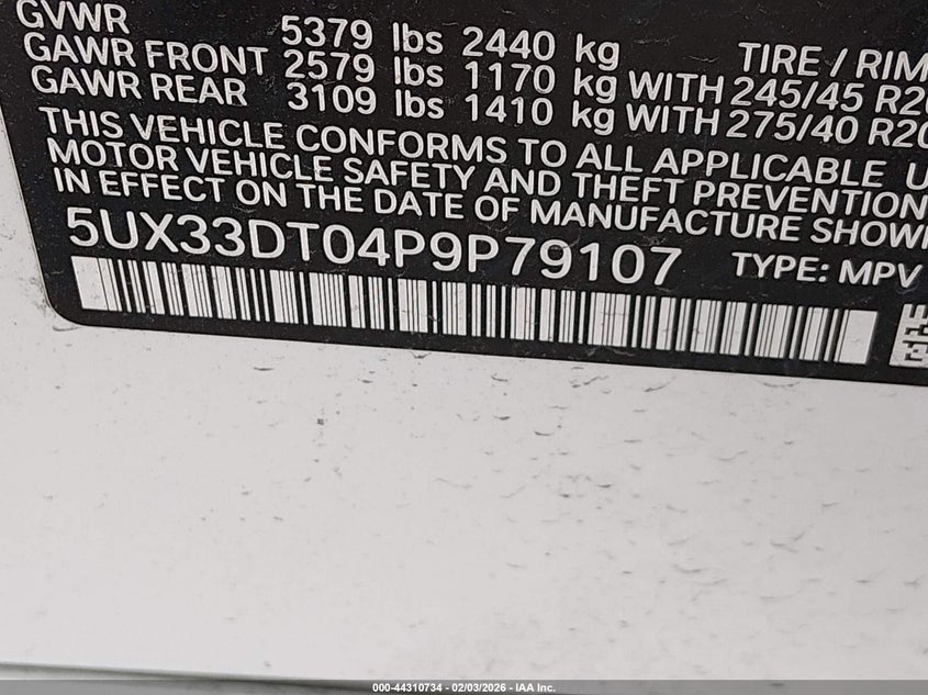 2023 BMW X4 xDrive30I VIN: 5UX33DT04P9P79107 Lot: 44310734