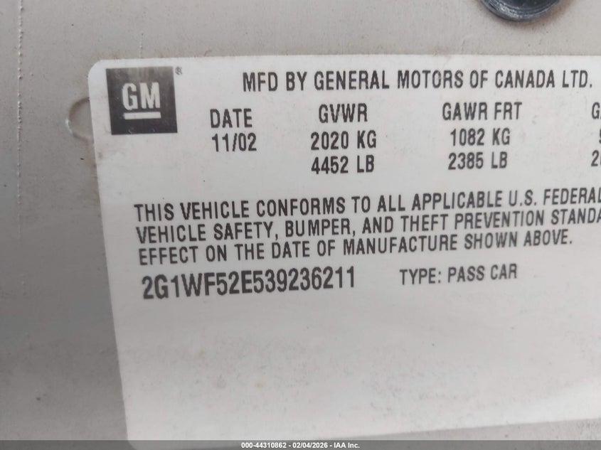2003 Chevrolet Impala VIN: 2G1WF52E539236211 Lot: 44310862