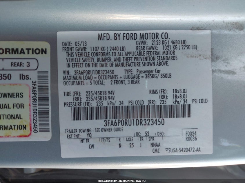 2013 Ford Fusion 2.0 Hybrid Titanium blue Lot 111044310942 Vin 3FA6P0RU1DR323450