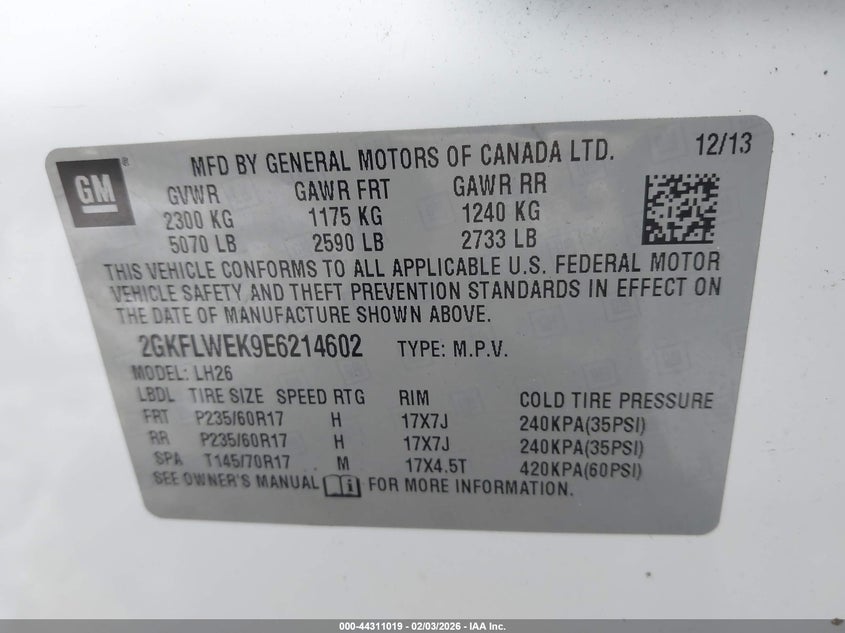 2014 GMC Terrain Sle-2 VIN: 2GKFLWEK9E6214602 Lot: 44311019