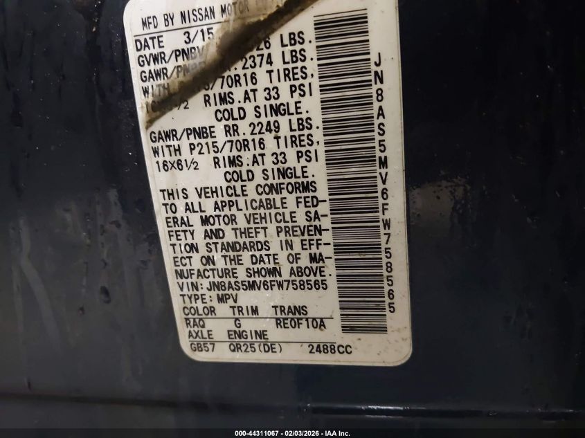 2015 Nissan Rogue Select S VIN: JN8AS5MV6FW758565 Lot: 44311067