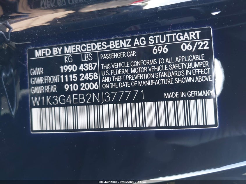 VIN W1K3G4EB2NJ377771 2022 MERCEDES-BENZ A 220
