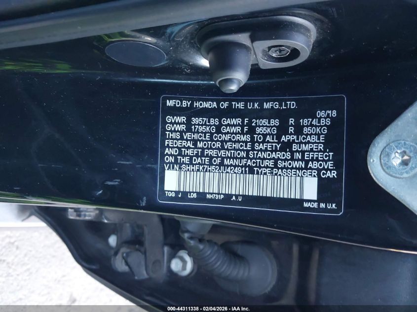 2018 Honda Civic Ex VIN: SHHFK7H52JU424911 Lot: 44311338