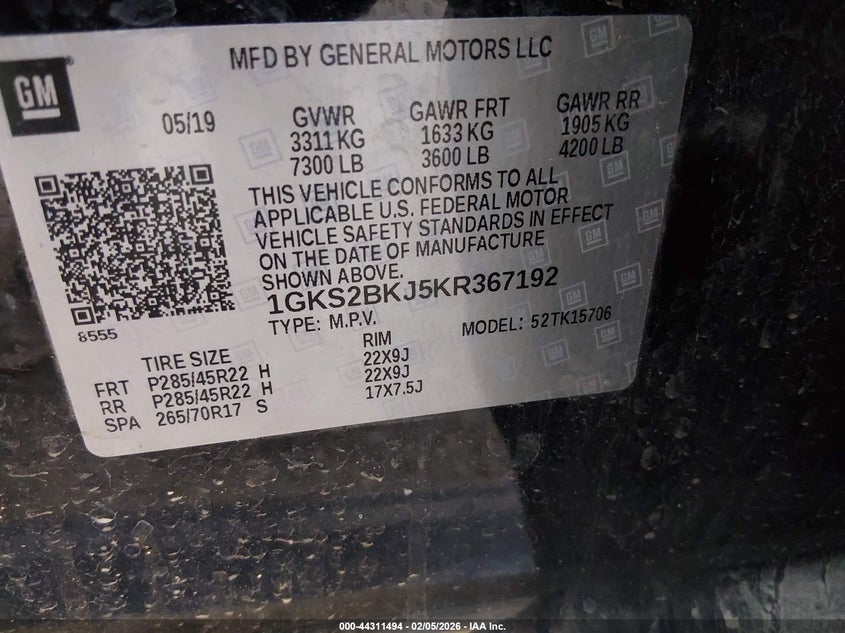 2019 GMC Yukon Slt VIN: 1GKS2BKJ5KR367192 Lot: 44311494