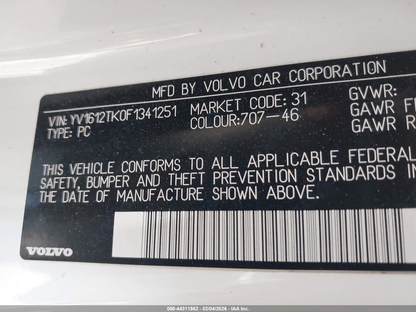 2015 Volvo S60 T5 Premier VIN: YV1612TK0F1341251 Lot: 44311562