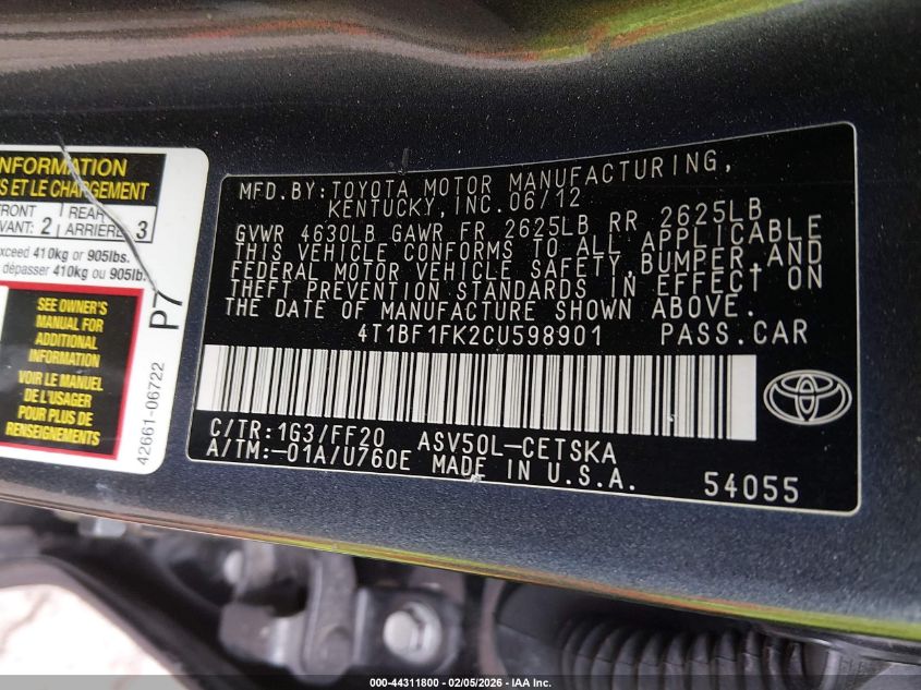 2012 Toyota Camry Se VIN: 4T1BF1FK2CU598901 Lot: 44311800