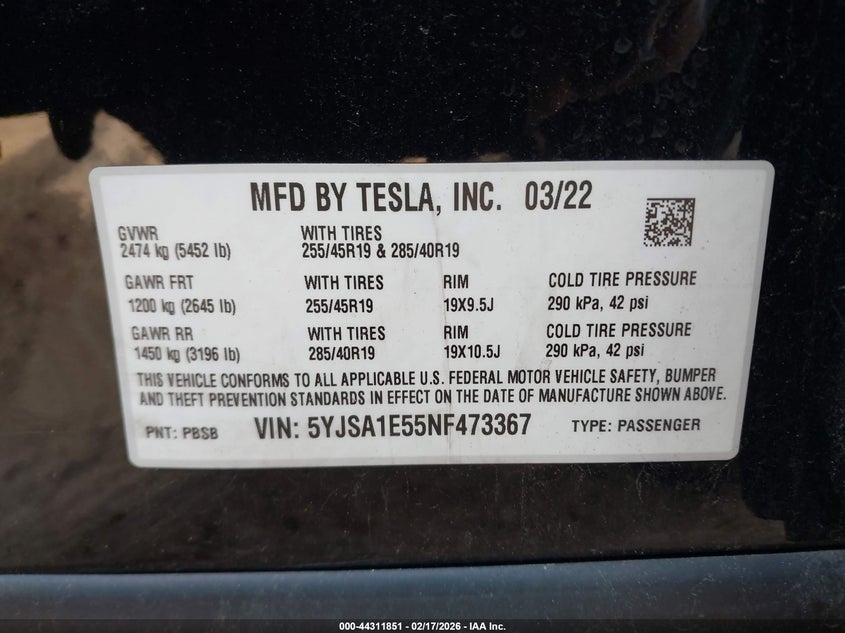 2022 Tesla Model S Dual Motor All-Wheel Drive VIN: 5YJSA1E55NF473367 Lot: 44311851