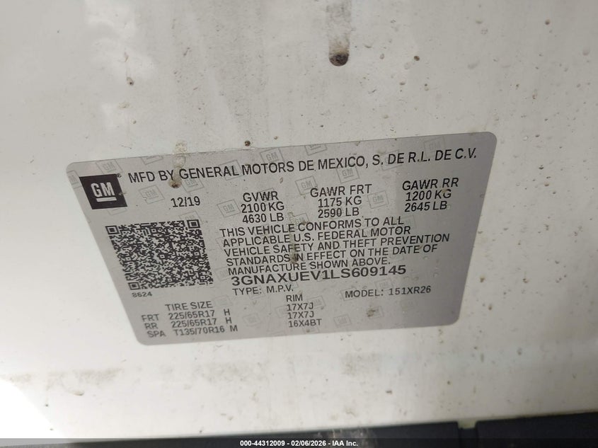 VIN 3GNAXUEV1LS609145 2020 CHEVROLET EQUINOX AWD LT 1.5L TURBO