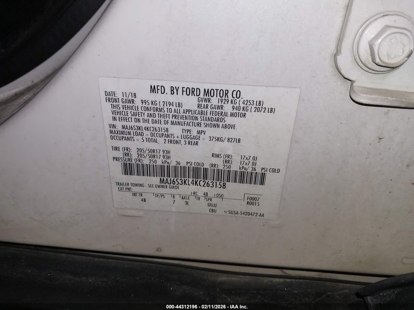 VIN MAJ6S3KL4KC263158 2019 FORD ECOSPORT TITANIUM