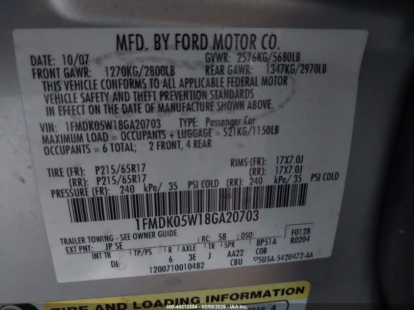 2008 Ford Taurus X Sel VIN: 1FMDK05W18GA20703 Lot: 44312354