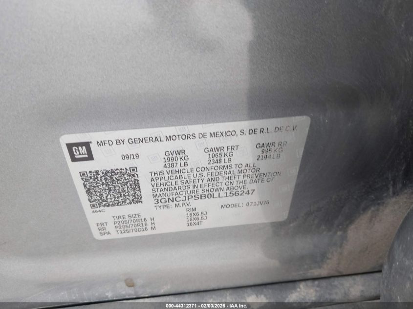 2020 Chevrolet Trax Awd Lt VIN: 3GNCJPSB0LL156247 Lot: 44312371