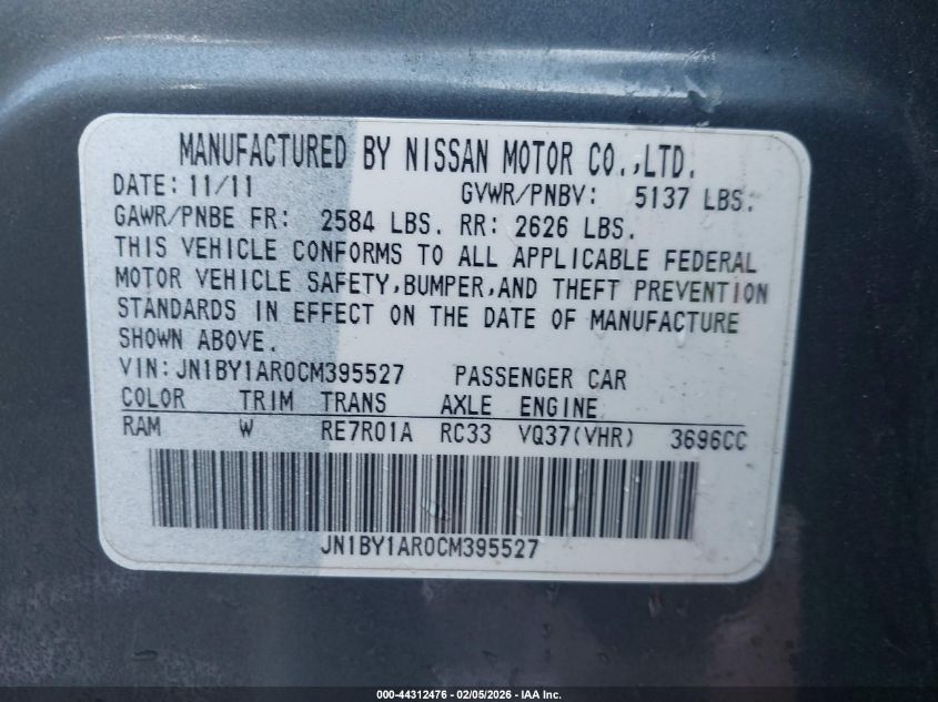 2012 Infiniti M37X VIN: JN1BY1AR0CM395527 Lot: 44312476