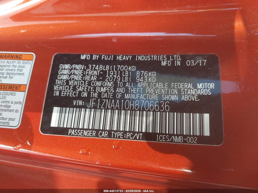 2017 Toyota 86 VIN: JF1ZNAA10H8706636 Lot: 44312723