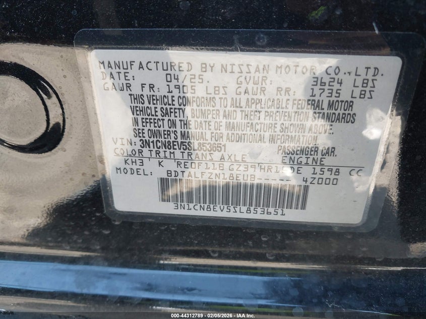 2025 Nissan Versa 1.6 Sv VIN: 3N1CN8EV5SL853651 Lot: 44312789