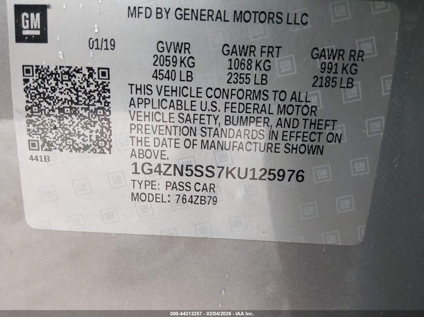 2019 Buick Lacrosse Fwd Preferred VIN: 1G4ZN5SS7KU125976 Lot: 44313257