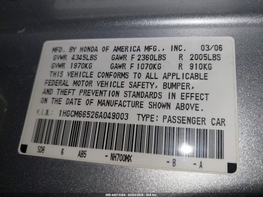 2006 Honda Accord 3.0 Ex VIN: 1HGCM66526A049003 Lot: 44313354