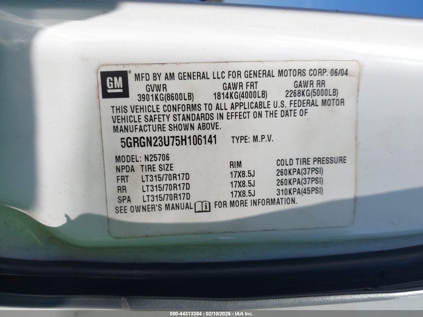 2005 Hummer H2 Suv VIN: 5GRGN23U75H106141 Lot: 44313384