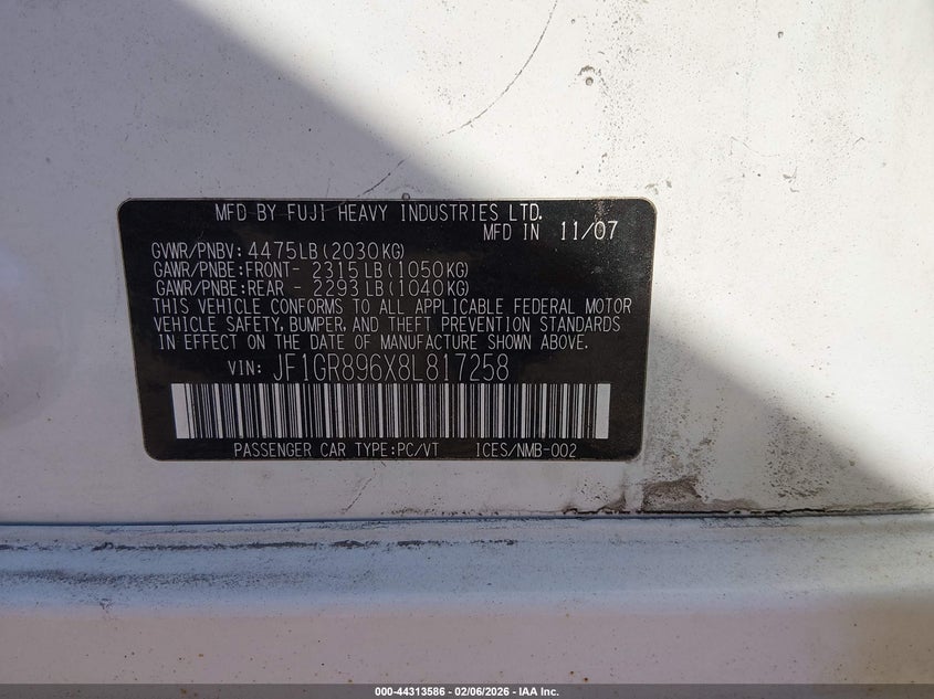 2008 Subaru Impreza Wrx Sti VIN: JF1GR896X8L817258 Lot: 44313586