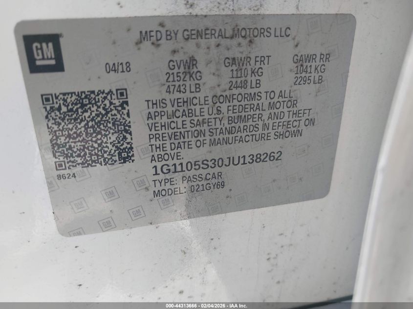 2018 Chevrolet Impala 1Lt VIN: 1G1105S30JU138262 Lot: 44313666
