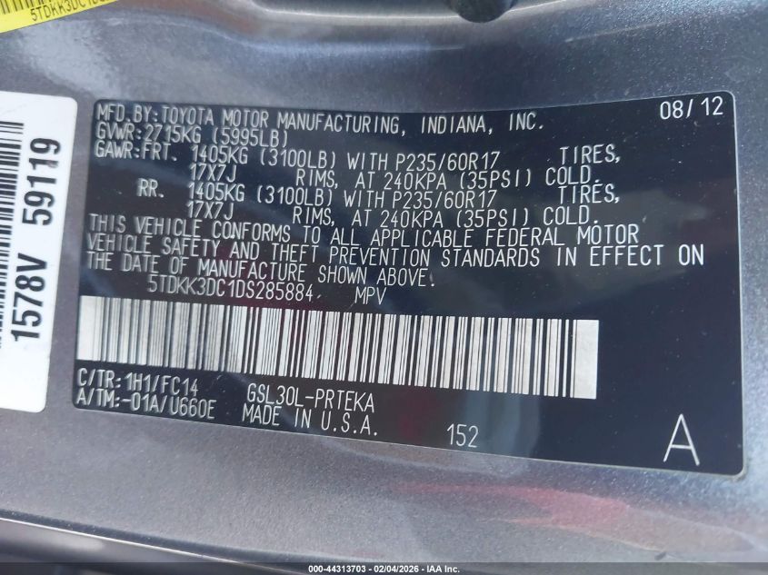 2013 Toyota Sienna Le V6 8 Passenger VIN: 5TDKK3DC1DS285884 Lot: 44313703