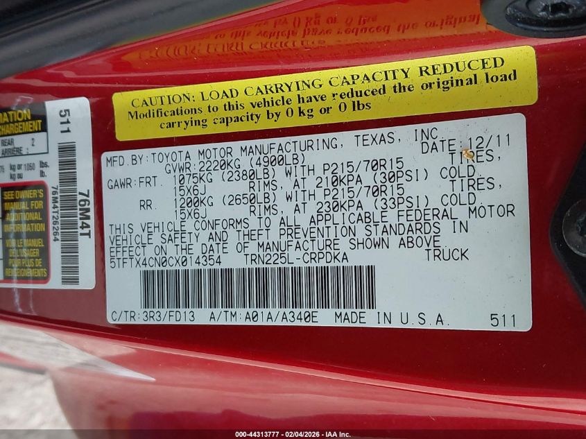 2012 Toyota Tacoma VIN: 5TFTX4CN0CX014354 Lot: 44313777