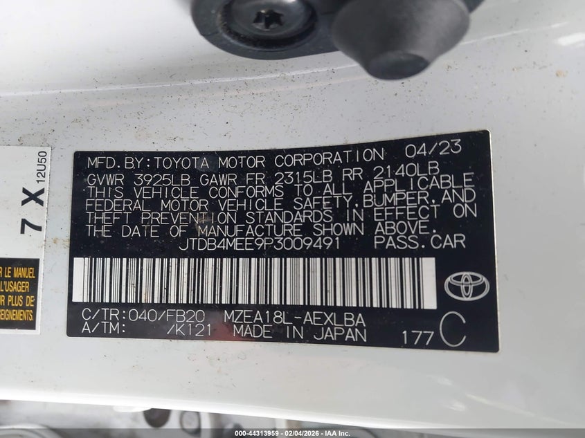 2023 TOYOTA COROLLA 2.0L I-4 DI, DOHC, V(VIN: JTDB4MEE9P3009491