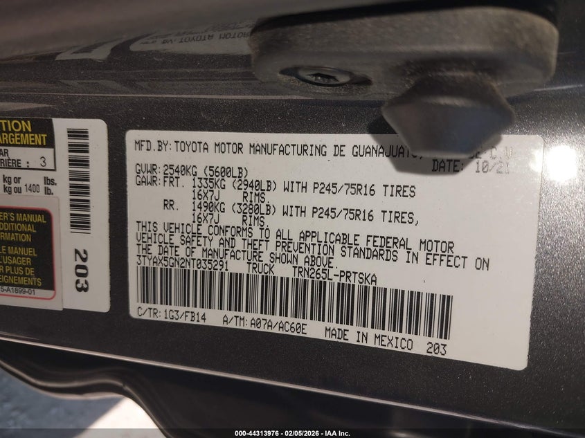 2022 TOYOTA TACOMA 2.7L I-4 DOHC, VVT, (VIN: 3TYAX5GN2NT035291