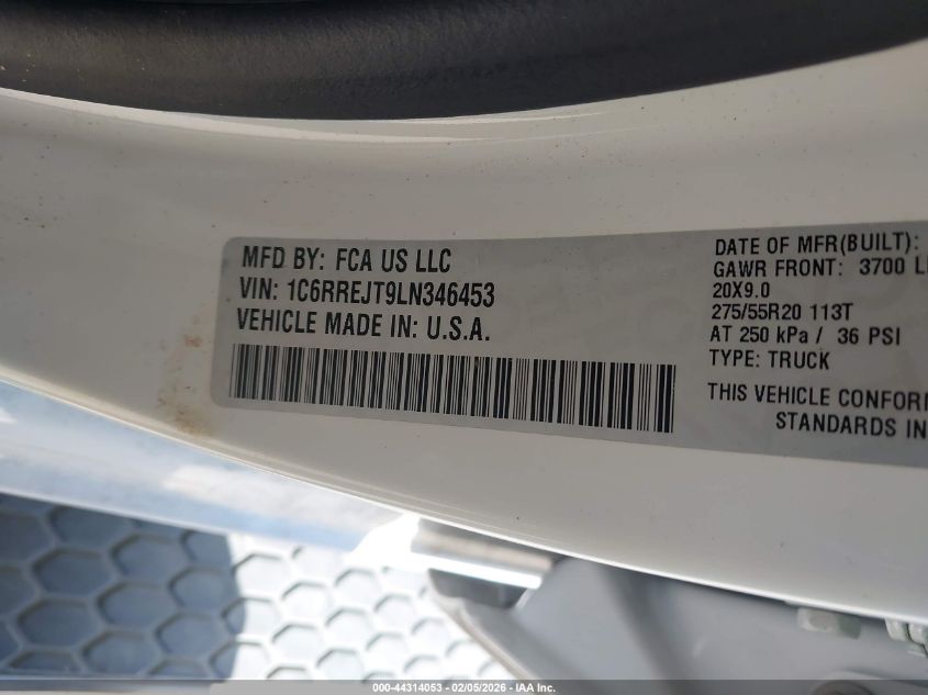 2020 Ram 1500 Laramie 4X2 5'7 Box VIN: 1C6RREJT9LN346453 Lot: 44314053