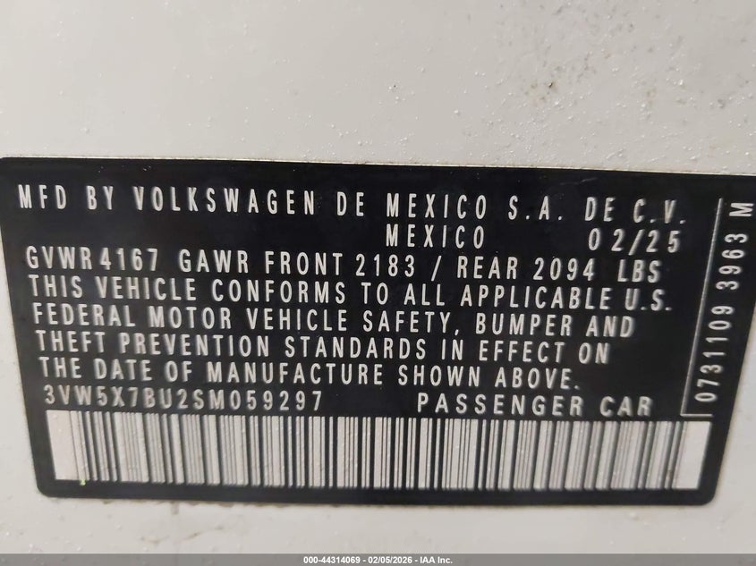 2025 VOLKSWAGEN JETTA 1.5L I-4 DI, DOHC, V(VIN: 3VW5X7BU2SM059297