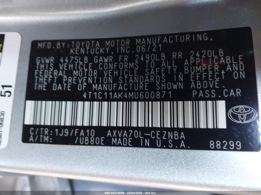 2021 TOYOTA CAMRY 2.5L I-4 DI, DOHC, V(VIN: 4T1C11AK4MU600871