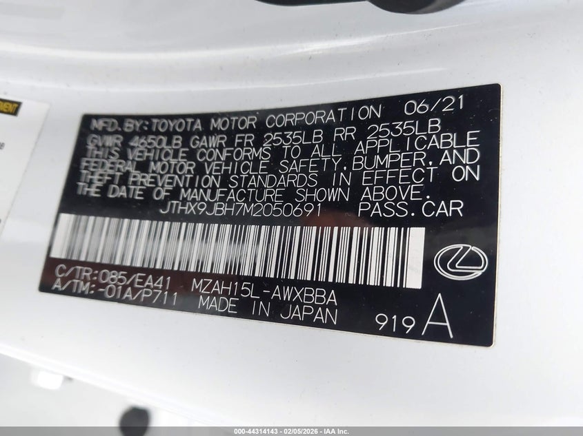 2021 LEXUS UX 250H 2.0L I-4 DI, DOHC, V(VIN: JTHX9JBH7M2050691