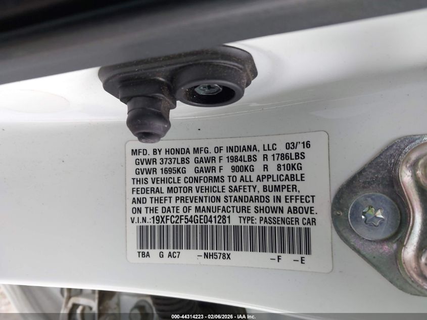 2016 Honda Civic Lx VIN: 19XFC2F54GE041281 Lot: 44314223