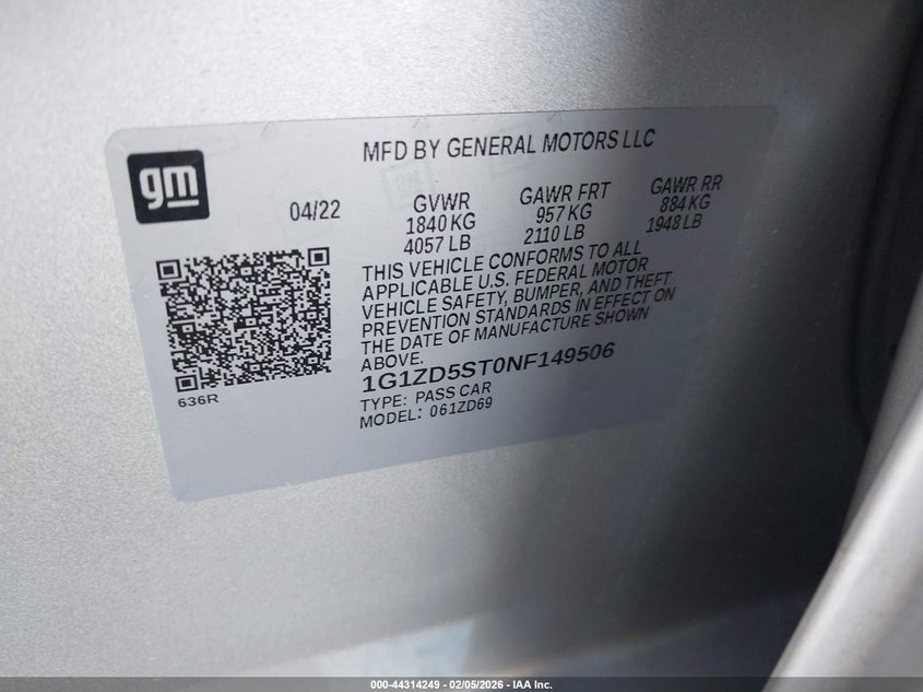 2022 CHEVROLET MALIBU 1.5L I-4 DI, DOHC, V(VIN: 1G1ZD5ST0NF149506